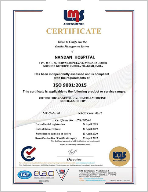 Nandan Hospital, ISO 9001:2015 Certificate for Quality Management System